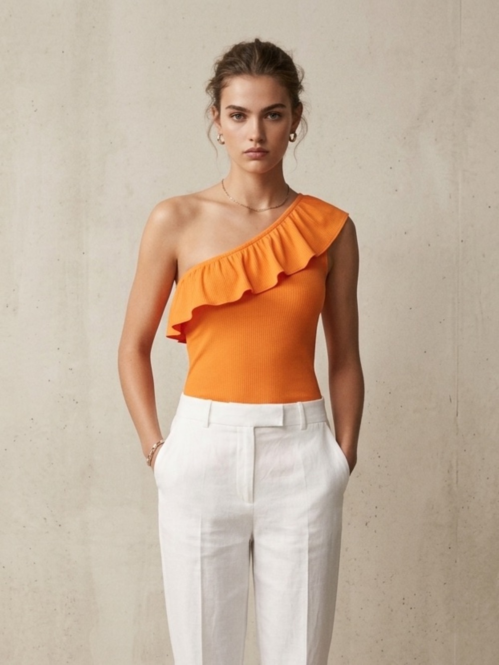LOFT One-Shoulder Ruffle Tank Top in Bright Orange